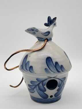 Vintage Rowe Pottery Works 1992 Salt Glazed Birdhouse Bird House Blue Stoneware